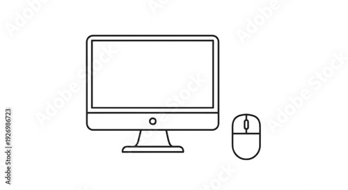 Simple line drawing of a desktop computer setup with monitor and mouse isolated on transparent background, Vector