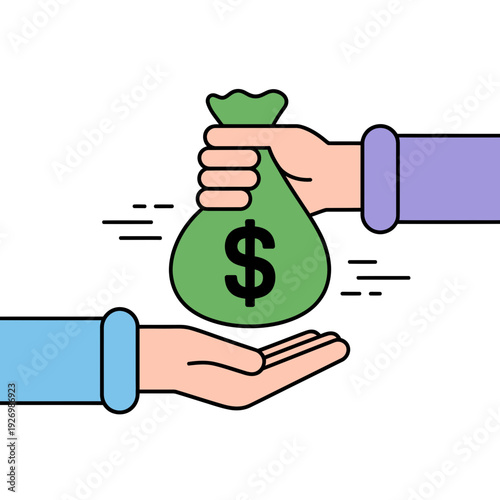 A cartoon illustration of two hands exchanging a green money bag with a dollar sign