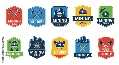 Collection of mining industry emblems and badges with various tools and elements.