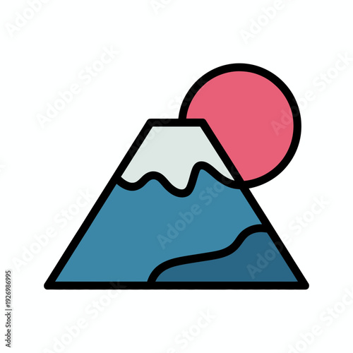 A minimalist vector graphic illustration of a mountain with a rising sun
