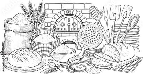 Detailed Line Art Illustration of Traditional Wood Fired Bakery Featuring Fresh Bread Wheat Stalks Flour Sacks and Artisanal Baking Tools