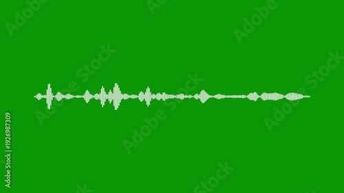 Digital white waveform spectrum animation, audio sound frequency visualization, music equalizer motion graphic, green background video, seamless loop