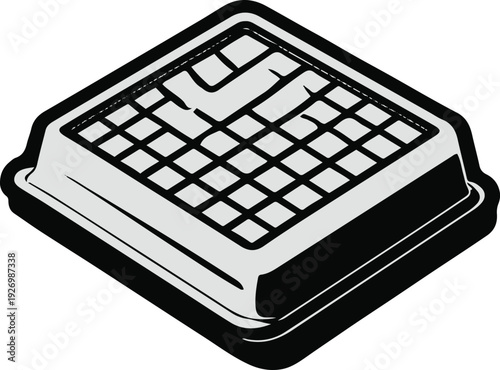 Minimalist frozen waffle square vector sticker, bold black thick clean outline, pure white background, isolated object 1