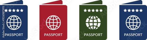 Four passport in blue red and green travel document