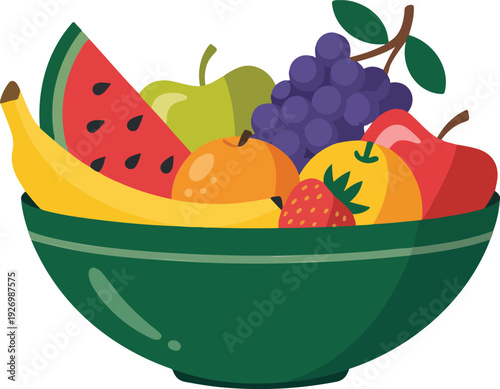 A flat, minimalist illustration of a green ceramic bowl filled with fresh fruits against a white background.