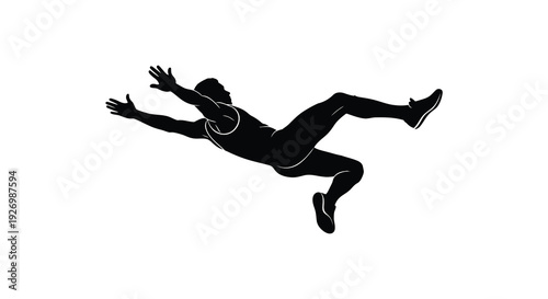 A dynamic black silhouette of an athlete mid air appearing to leap or dive showcasing energetic movement silhouette high quality professional detailed
