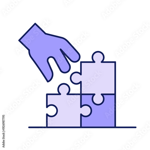 A hand placing a puzzle piece into a jigsaw puzzle with a flat, minimalist design