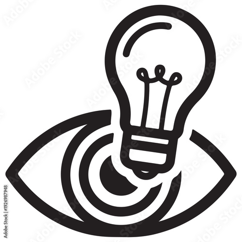 Minimalist line art icon of a human eye combined with a light bulb representing creative vision, insight, and the birth of a new idea for business innovation and marketing strategy.