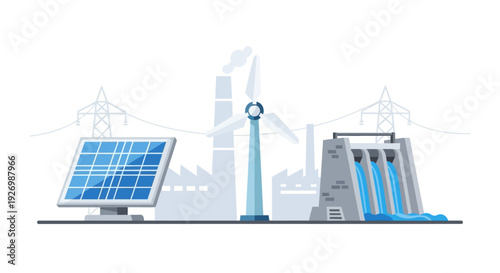 Green Energy System: Solar, Wind, and Hydro Power Plants Generating Clean Electricity with Transmission Grid - Sustainable Future Concept