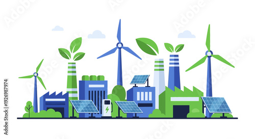 Sustainable Green Energy Industrial Landscape with Wind Turbines, Solar Panels, and Eco-Friendly Factories