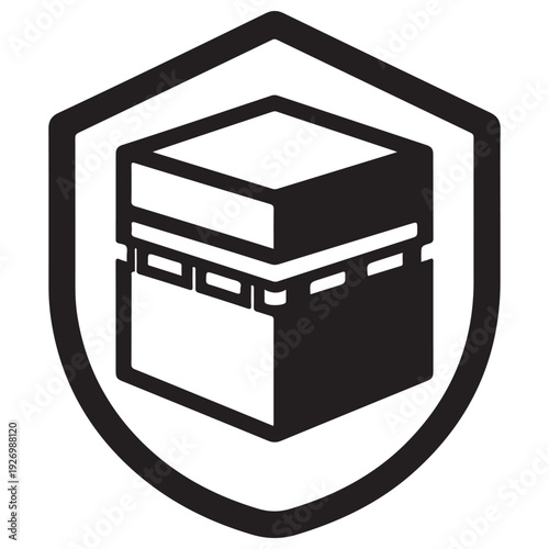Minimalist Kaaba icon enclosed in a protective shield emblem representing Islamic faith security and sacred pilgrimage protection, clean black and white vector graphic for religious branding.