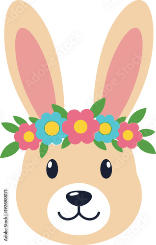 Adorable cartoon bunny face with colorful floral wreath and perked up long ears