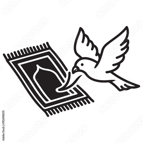 Minimalist black and white illustration of a dove flying towards a traditional Islamic prayer rug, symbolizing peace, spirituality, and devotion in a clean line art icon style.