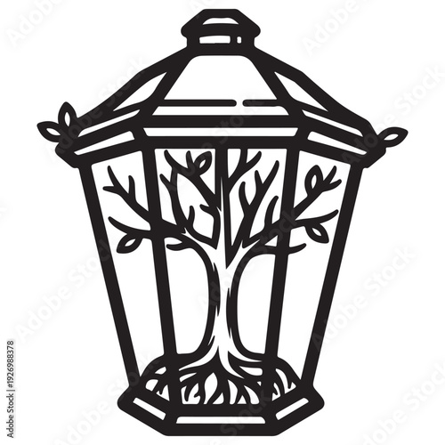 Minimalist Black and White Vector Illustration of a Tree of Life Growing Inside a Vintage Lantern, Symbolic Nature Preservation and Growth Concept Art for Tattoo or Logo Design.