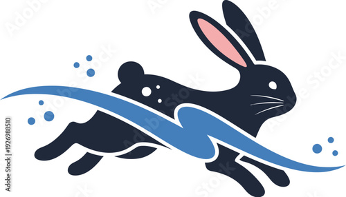 Modern minimalist illustration of a dynamic rabbit in motion with flowing abstract design elements