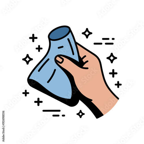 A hand holding a blue beaker with magic symbols surrounding it, representing science and discovery
