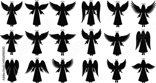 Angel silhouettes collection featuring winged heavenly figures with halos, spread wings, and praying poses, isolated on white background, spiritual theme