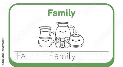 Family themed coloring page with cute cartoon characters
