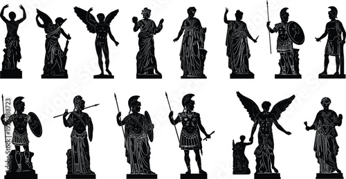 Ancient Roman statue silhouettes collection, classical mythology sculpture figures set, gladiator warrior gods history art isolated illustration on white background