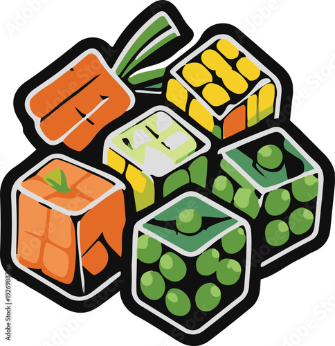Minimalist frozen mixed vegetable cubes vector sticker, bold black thick clean outline, pure white background, isolated object 2
