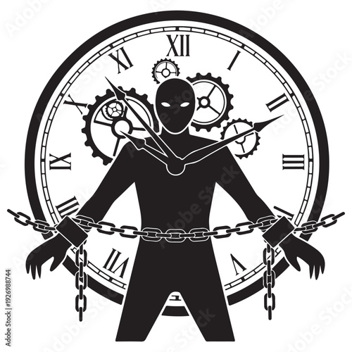 Conceptual black silhouette of a man bound by chains against a large clock face with gears and Roman numerals, representing time management pressure, existential dread, and being a slave to time.