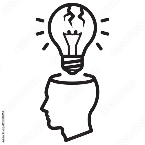 Minimalist line art illustration of a human head profile with a cracked lightbulb emerging from an open mind, representing a broken idea, creative block, mental burnout, and stress.
