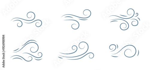 Wind line doodle icon set. Hand drawn blue wind swirls and gusts. Decorative breeze symbols for weather, nature, and climate concepts. Vector air flow illustration element