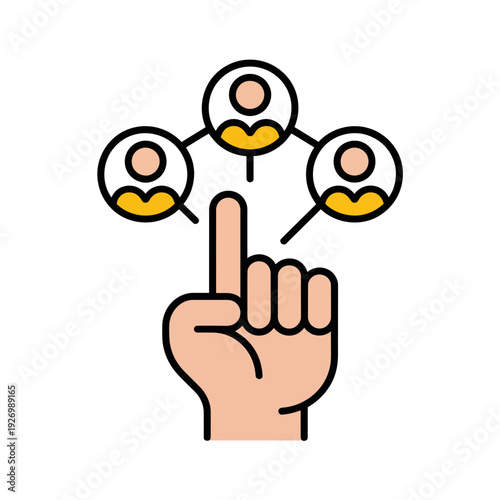 A hand pointing to a network of connected people icons in a flat, minimalist vector graphic design
