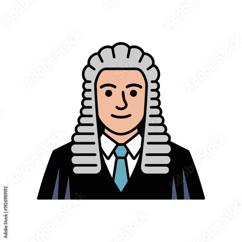 A cartoon illustration of a judge wearing a traditional white wig and black robe