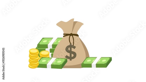Money sacks, bills, and coins 4K animation pop up on alpha channel.