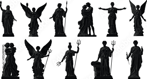 Classical Greek and Roman statue silhouettes collection featuring gods, angels, and mythological figures, isolated on white background, antique sculpture theme