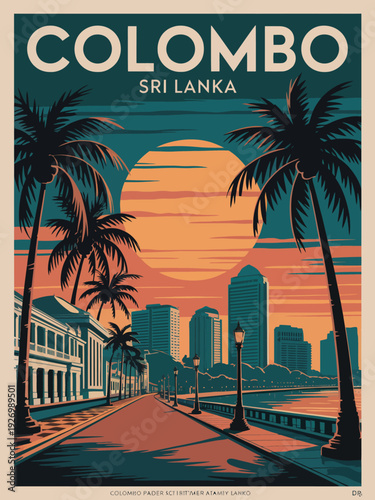 Colombo Sri Lanka Poster, Sunset Waterfront Promenade with Palm Trees Vintage Tropical Travel Illustration Design