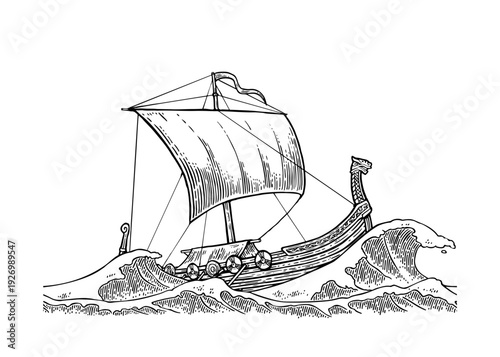 Drakkar floating in a stormy sea with big waves. Hand drawn design element sailing ship. Vintage monochrome vector engraving illustration for poster, label, postmark.