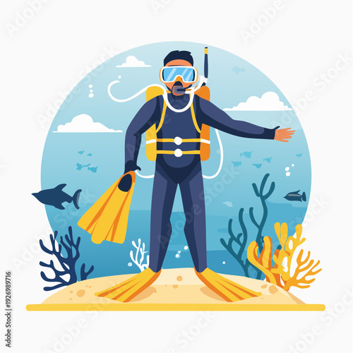 Friendly scuba diver character exploring the ocean floor surrounded by marine life