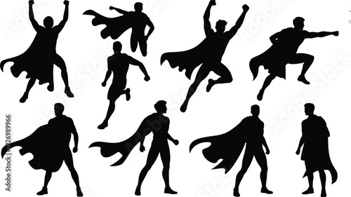 Silhouette superheroes in powerful poses, capes flowing, action stance, heroic figures, comic style illustration, bravery, justice, strength, fantasy character concept