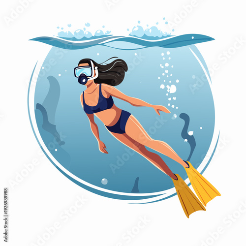 Vibrant illustration of a young woman enjoying a refreshing underwater swim while snorkeling during a peaceful summer vacation