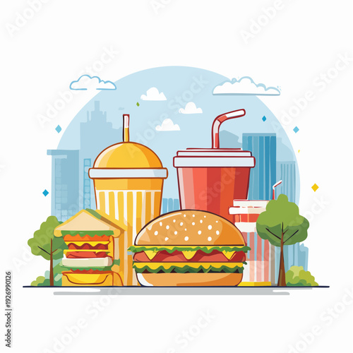 Fast food and drinks illustration with city skyline and green trees