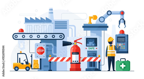 Industrial Workplace Safety and Accident Prevention in Factory Environment Flat Vector Illustration