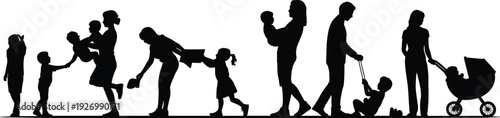 Silhouette adults with children, parenting scenes, caregiving illustration, family interaction, nurturing posture diversity, baby stroller, childhood moments, supportive parent-child bond