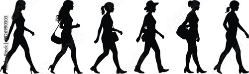 Silhouette women walking in fashion style, diverse outfits, handbags, high heels, lifestyle scene, elegance, posture diversity, modern female illustration