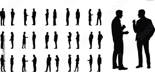 Silhouette people standing and talking, diverse postures, human interaction, communication illustration, social behavior, workplace crowd, conversation scene, body language diversity