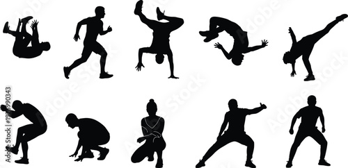 Dynamic breakdance silhouettes collection showing dancers performing flips, freezes, spins, and street hip hop moves, isolated on white background, urban dance