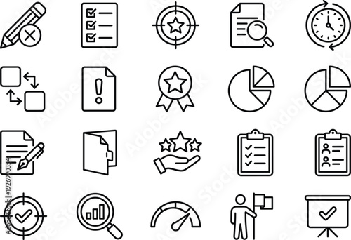 Business and analytics line icons set including checklist target documents charts rating performance workflow management symbols for user interface dashboard and web design