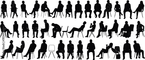 Silhouette people sitting on chairs, diverse seated postures, ergonomic positions, lifestyle scenes, office workers, students, community gathering illustration