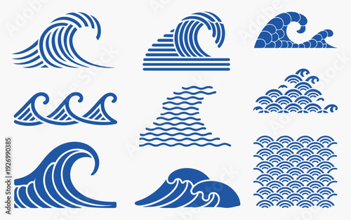 Blue wave icons in various styles and patterns