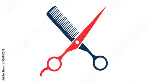 Scissors cutting through a stylized hair comb graphic illustration