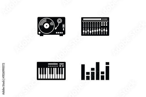 Black and White DJ Equipment Silhouette Icon Set - Music Production Tools Silhouette Collection