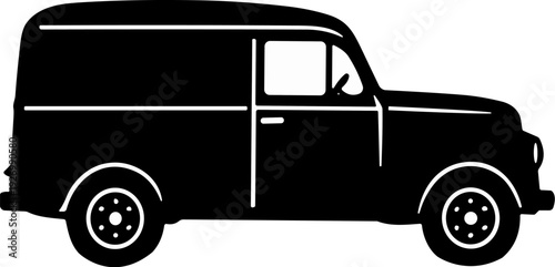 Vintage Delivery Van Side View Transport Silhouette Vector in Solid Black on a White Background