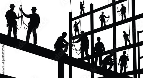 Construction workers are shown building a steel framework emphasizing the risks and challenges of the job silhouette high quality professional detailed