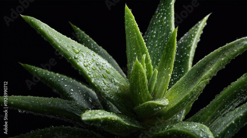 Fresh aloe vera plant with water droplets isolated on dark background.